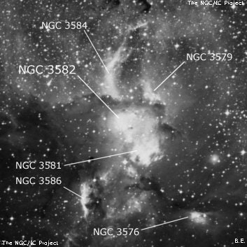 NGC 3582 - туманность. Описание NGC 3582:, Комплекс туманностей в созвездии Киль