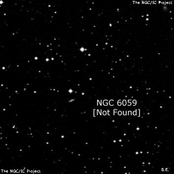 NGC 6059 - по указанным Генри Дрейером координатам, объект повторно не найден; . Описание NGC 6059:, Двойная звезда в созвездии Змееносец